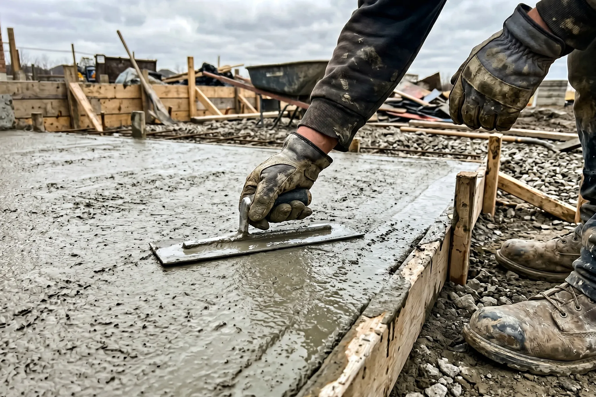 Gloved hands floating fresh concrete with a steel trowel, Southern Ontario
