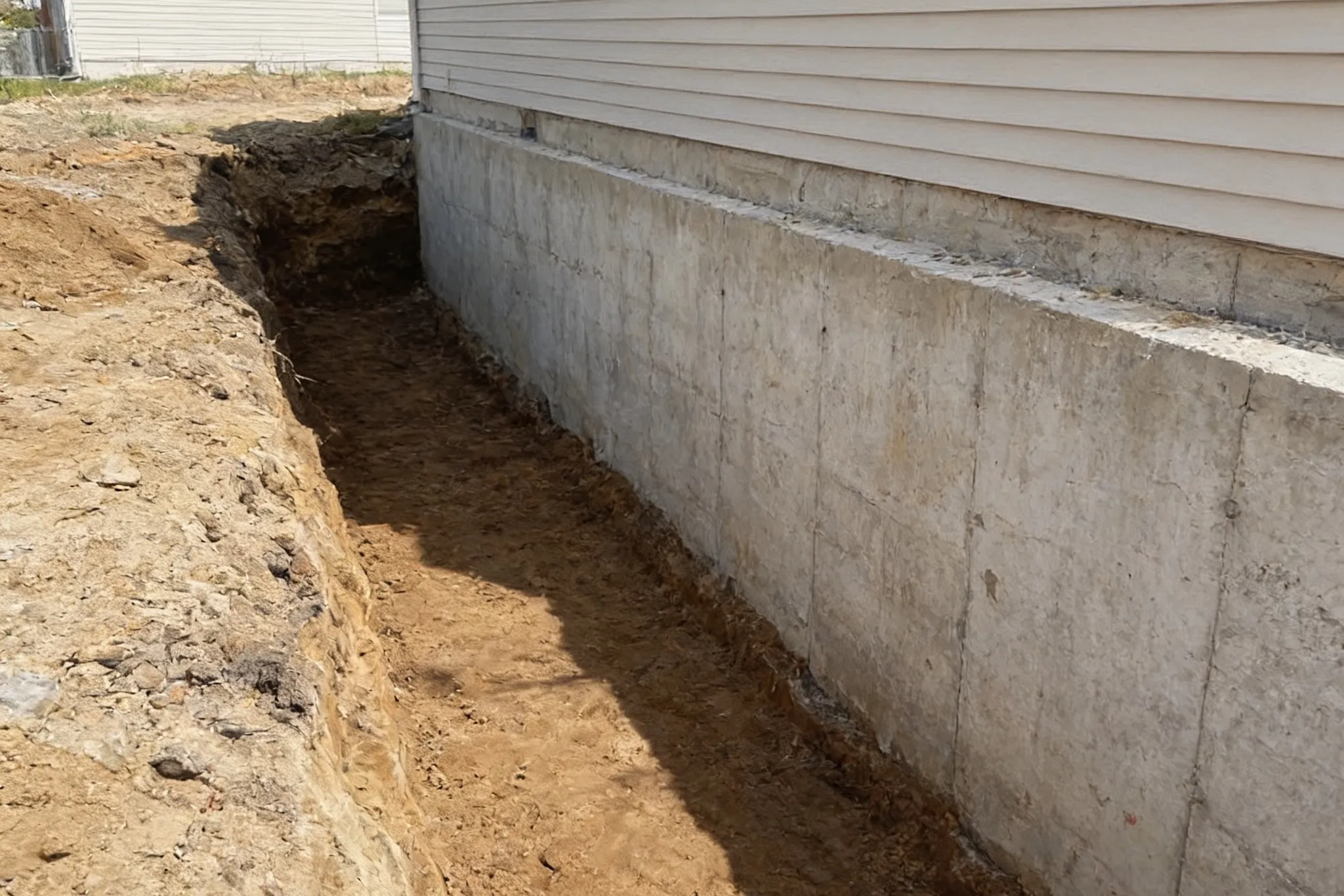 An excavated concrete foundation wall ready for repair, Southern Ontario