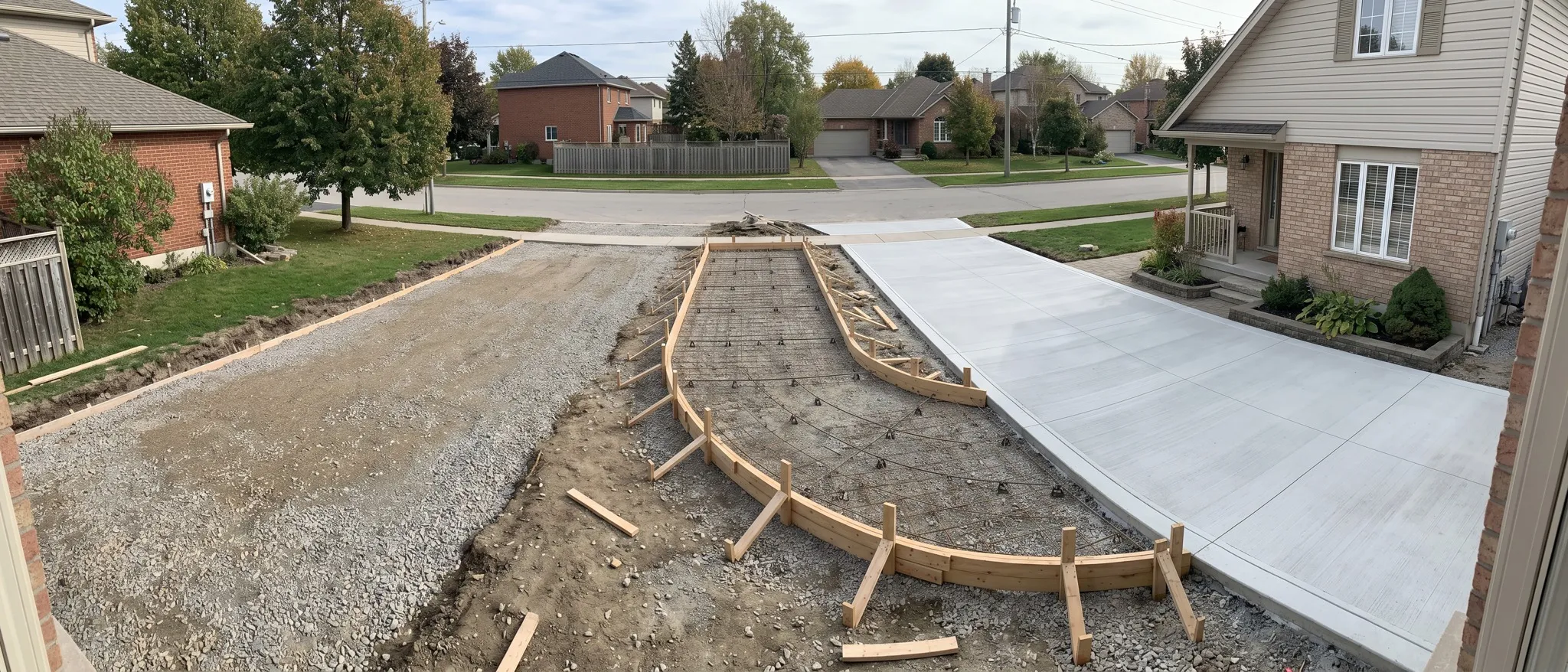 Three stages of a driveway in one frame: compacted gravel base, rebar and forms, and the finished slab, Southern Ontario
