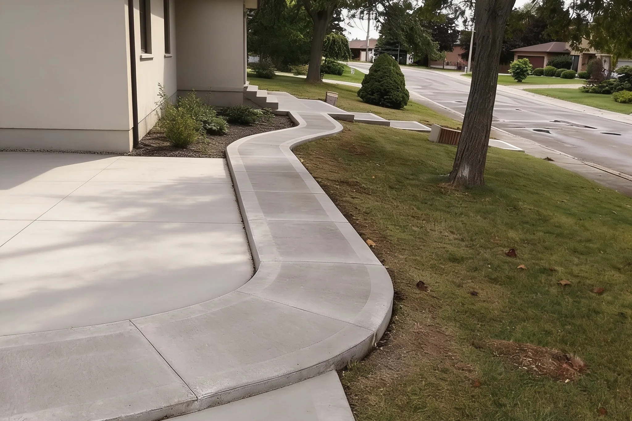 A curved concrete walkway leading to a home's steps, Southern Ontario