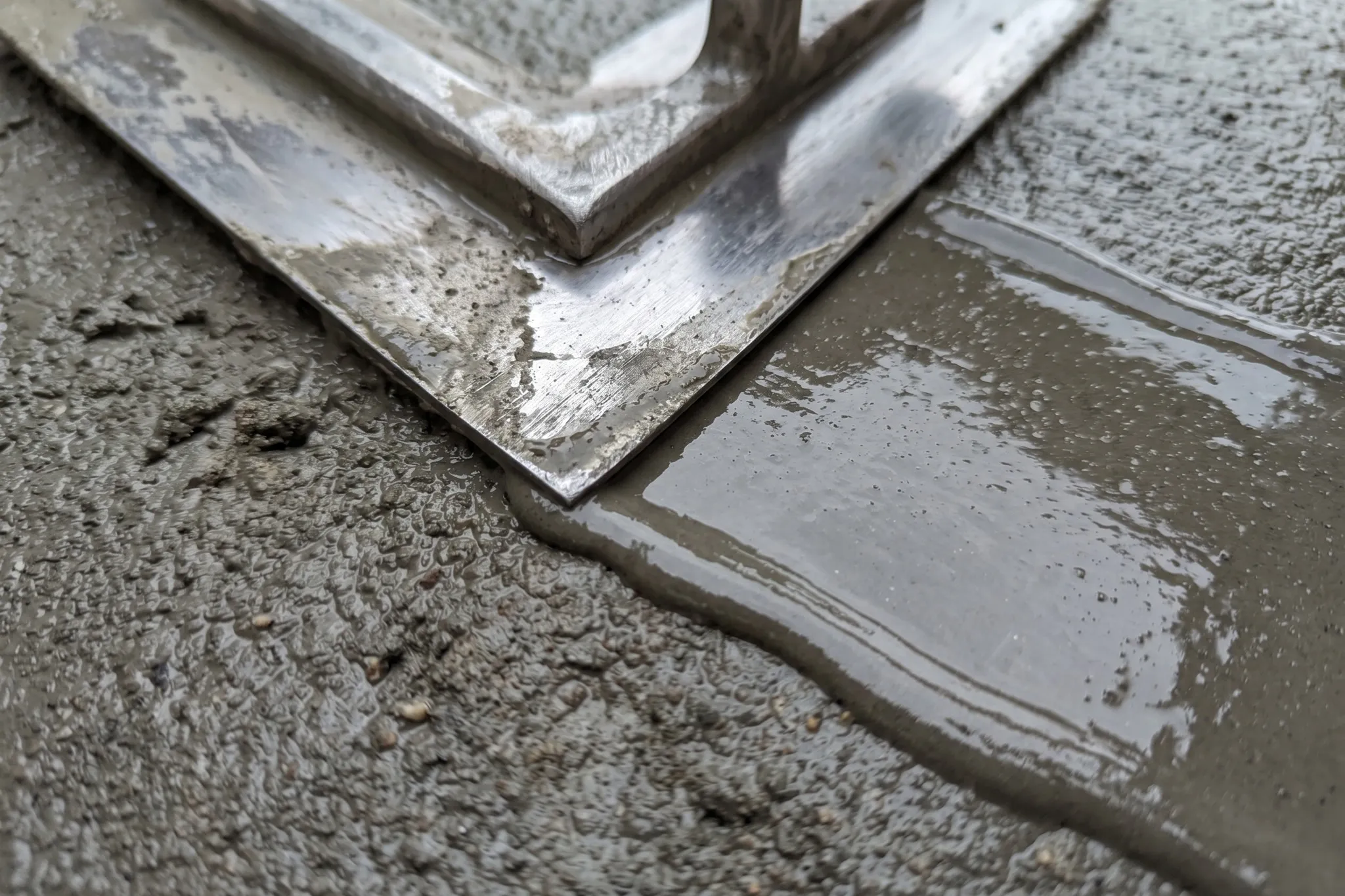 A steel hand trowel finishing the edge of fresh concrete, Southern Ontario