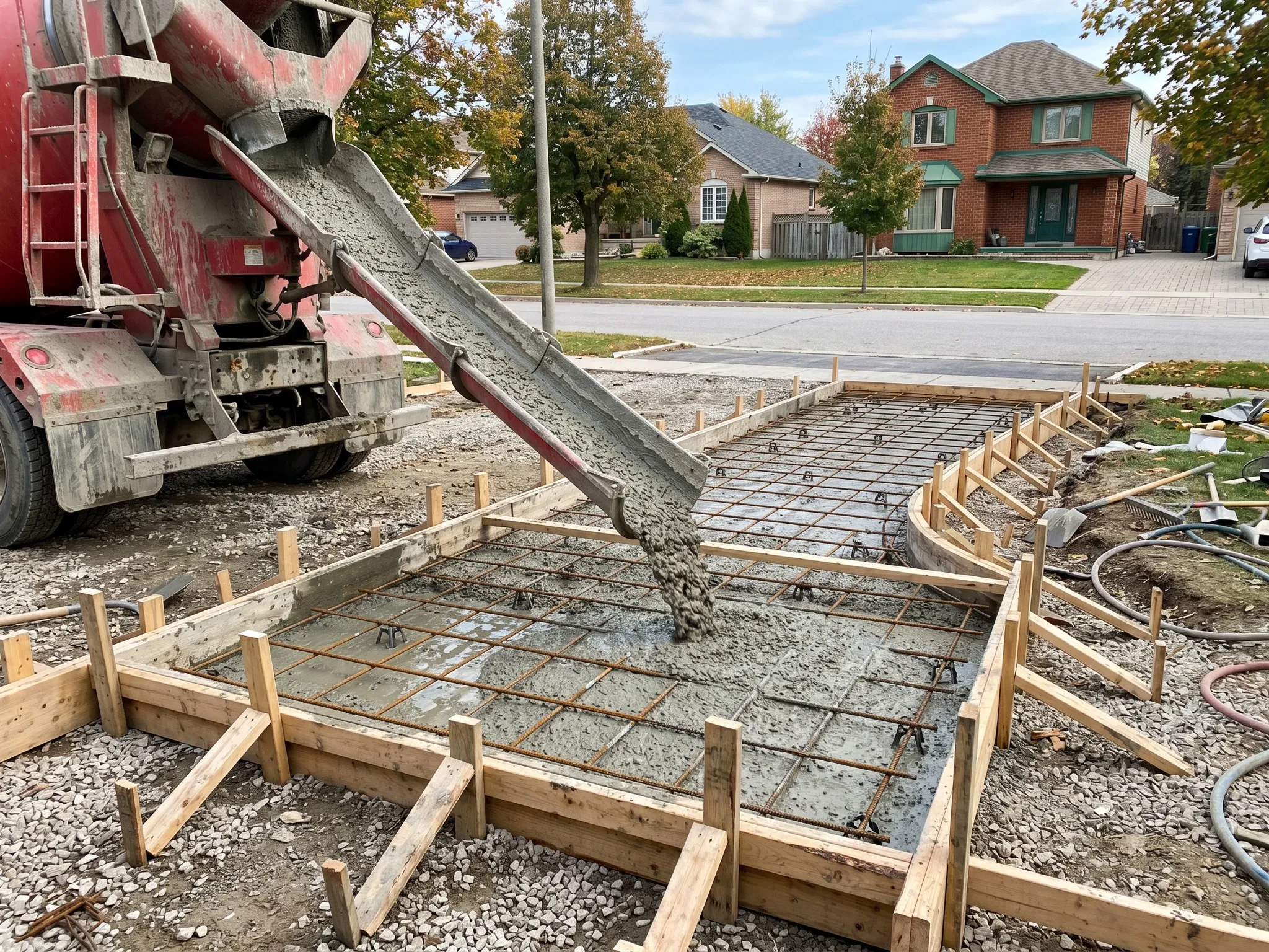 A ready-mix truck placing concrete into rebar-reinforced driveway forms, Southern Ontario